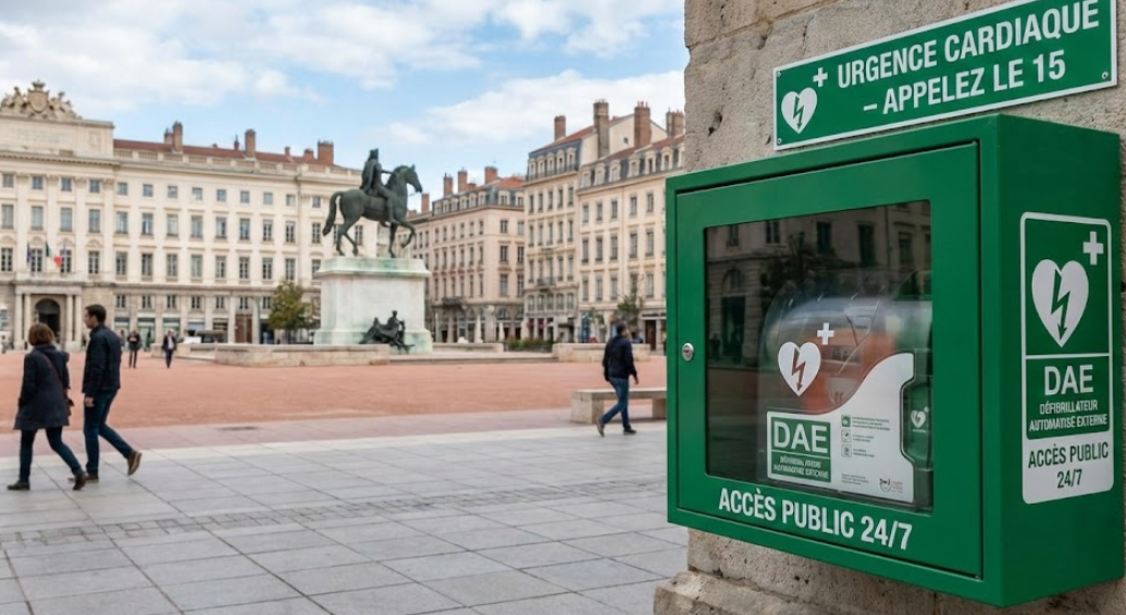 Défibrillateur automatique externe installé dans une armoire verte place Bellecour à Lyon avec signalétique normalisée